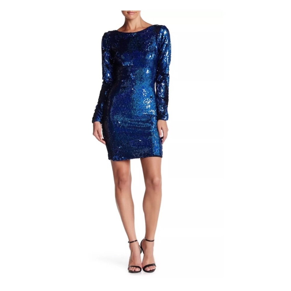NEW Dress the Population Embellished Sequin Back Zip‎ Dress Blue [ Small ]